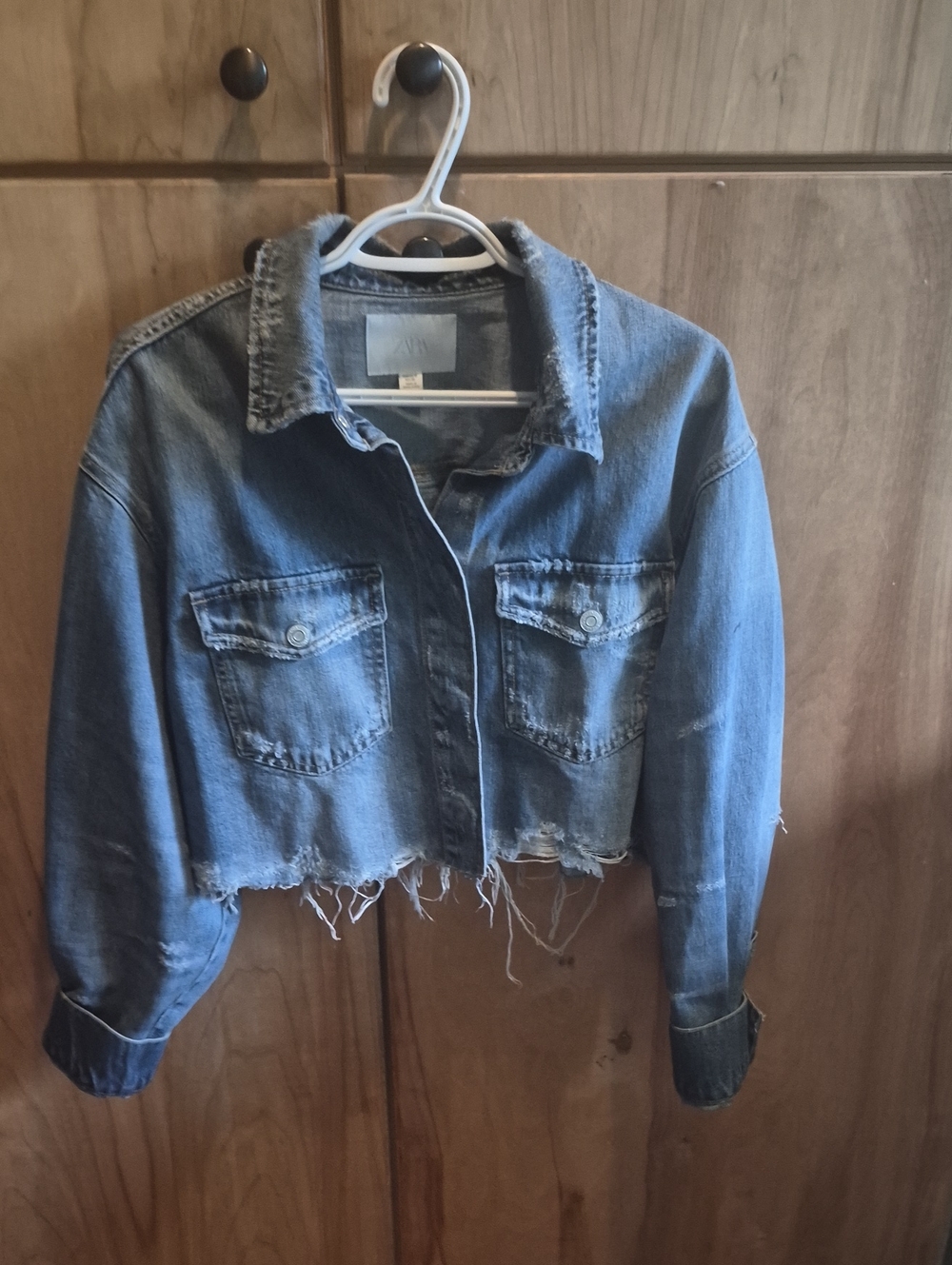 Zara Distressed Cropped Denim Jacket - Blue